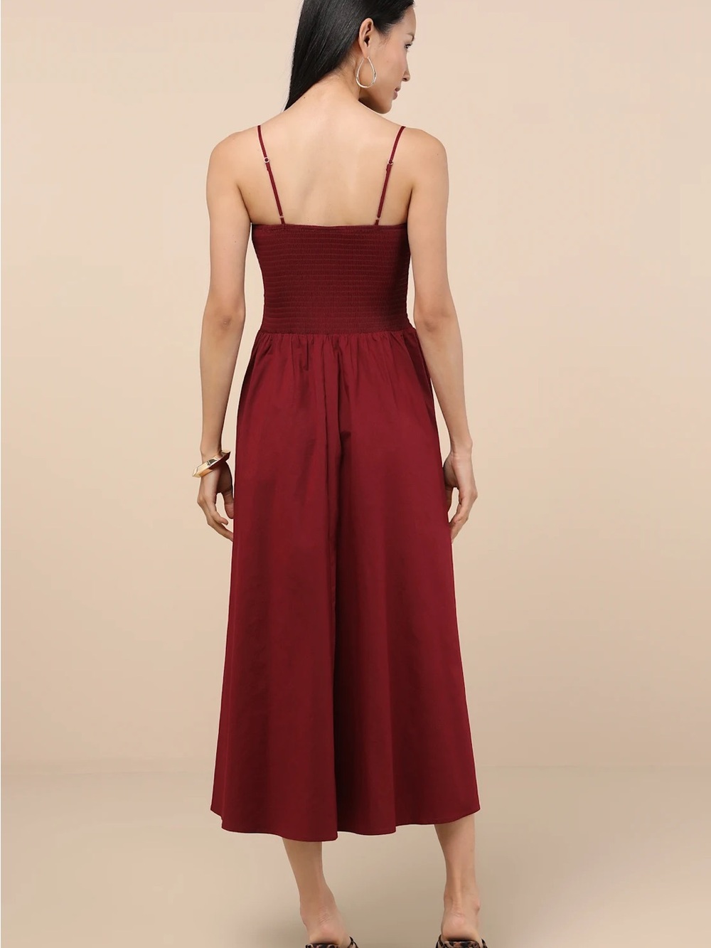 Lulus NWT Tandria Burgundy Smocked Sleeveless Midi Dress Size Large - Picture 2 of 11